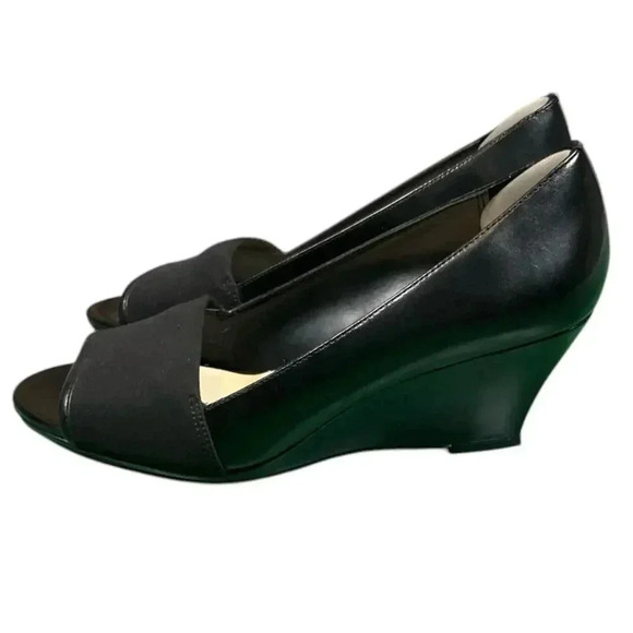 Ellen Tracy Women's Black Leather Slide Wedge Open Toe Heels Rhyme 8.5 Used - Picture 1 of 16